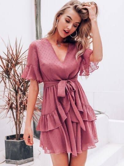 Shein Simple Swiss Dot Ruffle Hem FlounceSleeve Belted Dress(Fits Upto 36 Inch)