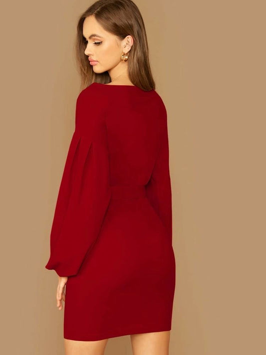 Shein Surplice Neck Lantern Sleeve Belted Dress(Fits Upto 44 Inch)