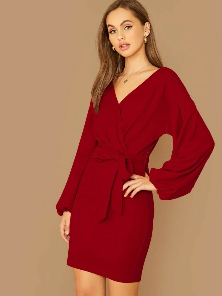 Shein Surplice Neck Lantern Sleeve Belted Dress(Fits Upto 44 Inch)