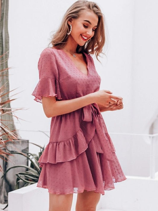 Shein Simple Swiss Dot Ruffle Hem FlounceSleeve Belted Dress(Fits Upto 36 Inch)