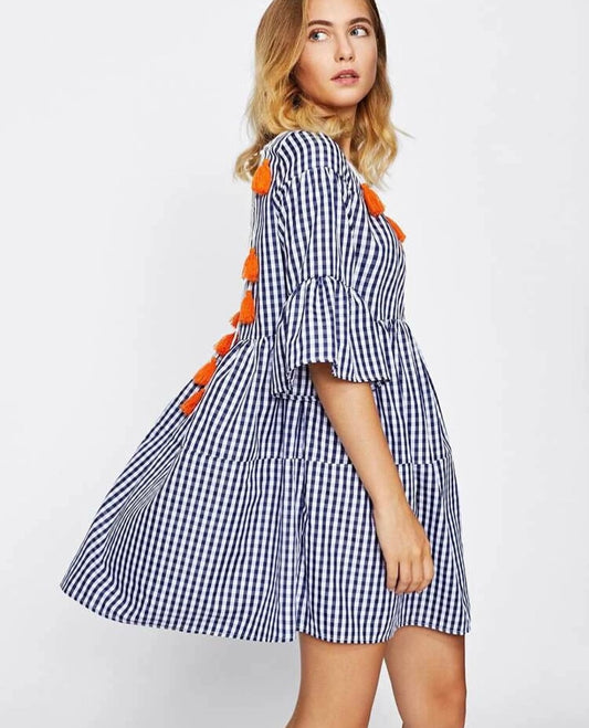 Shein Tassel Tied Open Back Tiered Ghingham Dress