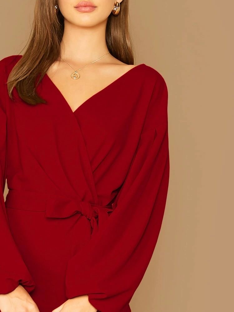 Shein Surplice Neck Lantern Sleeve Belted Dress(Fits Upto 44 Inch)