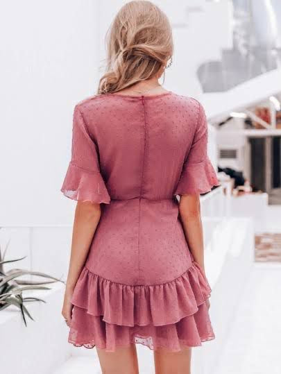 Shein Simple Swiss Dot Ruffle Hem FlounceSleeve Belted Dress(Fits Upto 36 Inch)