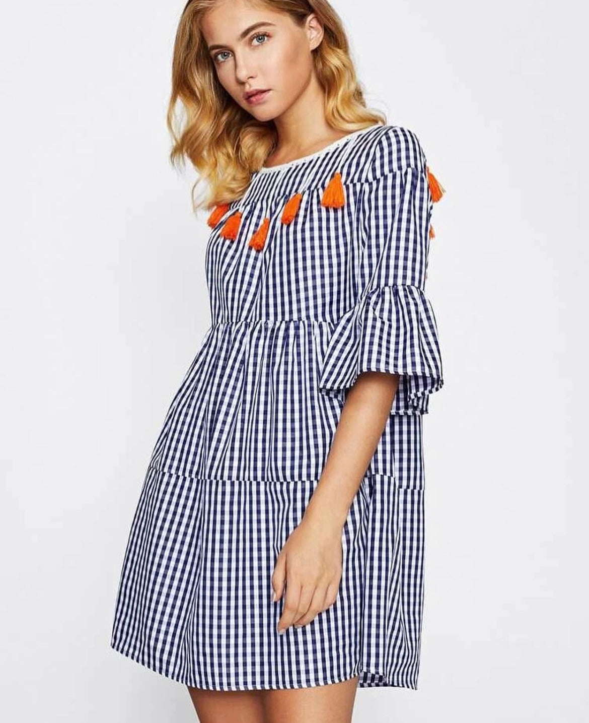 Shein Tassel Tied Open Back Tiered Ghingham Dress