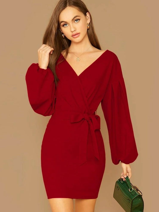 Shein Surplice Neck Lantern Sleeve Belted Dress(Fits Upto 44 Inch)