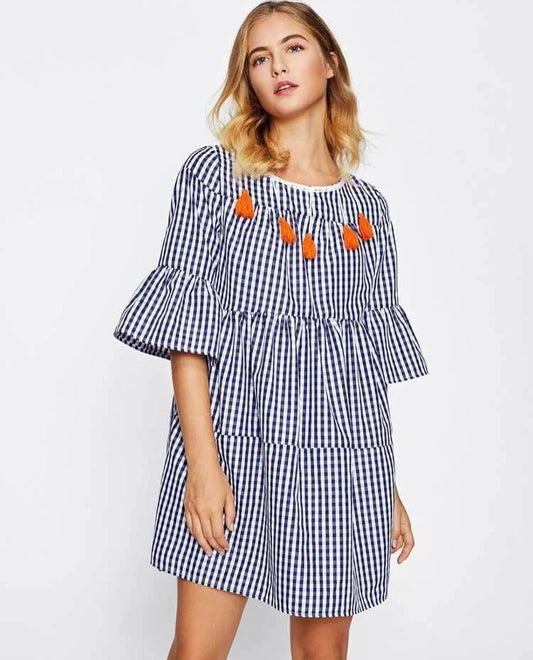 Shein Tassel Tied Open Back Tiered Ghingham Dress